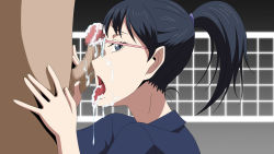 Rule 34 | 10s, 1boy, 1girl, after fellatio, atelier gons, black hair, blue eyes, censored, clothed female nude male, cum, cum in mouth, erection, facial, female focus, glasses, haikyuu!!, highres, long hair, looking at viewer, mole, mosaic censoring, nude, open mouth, penis, ponytail, shimizu kiyoko, short sleeves, simple background, solo focus, standing, tongue, tongue out, upper body, volleyball net