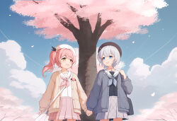 Rule 34 | 2girls, :d, absurdres, bag, blue eyes, blue sky, cardigan, chaoslive, cherry blossoms, chinese commentary, cloud, commentary request, crossover, day, grey cardigan, grey hair, handbag, heterochromia, highres, indie virtual youtuber, looking at another, multiple girls, open cardigan, open clothes, open mouth, pink eyes, pink hair, pink shirt, sailor collar, school uniform, serafuku, shirt, shizuku lulu, short hair, skirt, sky, smile, tree, virtual youtuber, wase (vtuber), white sailor collar, white skirt, wo you yibei jia wanli, yellow cardigan, yellow eyes, yuri
