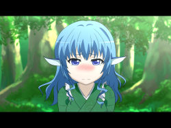 Rule 34 | 1girl, 3:, animal ears, anime coloring, blue eyes, blue hair, blush, breasts, cato (monocatienus), forest, frown, japanese clothes, kimono, letterboxed, long hair, matching hair/eyes, medium breasts, mermaid, monster girl, nature, nose blush, outdoors, parody, solo, style parody, tears, touhou, wakasagihime, zettai bouei leviathan