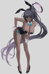 Rule 34 | 1girl, absurdly long hair, absurdres, animal ears, arm tattoo, back, backless leotard, bare back, bare shoulders, black footwear, black hair, black hairband, black leotard, blue archive, blue bow, blue bowtie, bow, bowtie, breasts, closed mouth, collar, dark-skinned female, dark skin, detached collar, fake animal ears, fake tail, fishnet pantyhose, fishnets, from behind, full body, hairband, halo, high heels, high ponytail, highleg, highleg leotard, highres, karin (blue archive), karin (bunny) (blue archive), large breasts, leotard, letco2766, long hair, looking at viewer, number tattoo, official alternate costume, pantyhose, playboy bunny, ponytail, rabbit ears, rabbit tail, shoulder tattoo, sideboob, sidelocks, simple background, solo, standing, strapless, strapless leotard, tail, tattoo, thighs, very long hair, white collar, yellow eyes