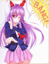 Rule 34 | 1girl, aiming, aiming at viewer, animal ears, blazer, colored pencil (medium), finger gun, highres, jacket, kittona, long hair, looking at viewer, millipen (medium), necktie, one eye closed, painting (medium), pleated skirt, purple hair, rabbit ears, red eyes, red necktie, reisen udongein inaba, shikishi, shirt, skirt, smile, solo, touhou, traditional media, very long hair, watercolor (medium), watercolor pencil (medium)