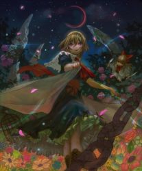 Rule 34 | 2girls, alice margatroid, bad id, bad pixiv id, blonde hair, doll, female focus, flower, hairband, multiple girls, outdoors, plant, red eyes, shanghai doll, short hair, sky, solo, standing, tomono rui, touhou