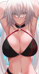 Rule 34 | 1girl, absurdres, armpits, arms up, bikini, black bikini, breasts, cleavage, closed mouth, eyes visible through hair, fate/grand order, fate (series), hair over eyes, highres, jeanne d&#039;arc alter (swimsuit berserker) (fate), jeanne d&#039;arc (fate), jeanne d&#039;arc alter (fate), jeanne d&#039;arc alter (swimsuit berserker) (fate), large breasts, long hair, looking at viewer, navel, o-ring, o-ring bikini, silver hair, solo, stomach, swimsuit, upper body, very long hair, yellow eyes, yuki maccha (yukimattya10)