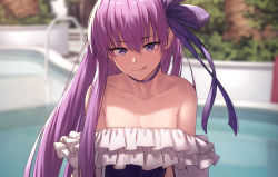 Rule 34 | 1girl, :q, bare shoulders, blurry, blurry background, bow, choker, collarbone, commentary request, fate/grand order, fate (series), frills, hair between eyes, hair bow, highres, ibuki notsu, long hair, looking at viewer, meltryllis, meltryllis (fate), meltryllis (swimsuit lancer) (fate), meltryllis (swimsuit lancer) (second ascension) (fate), off shoulder, outdoors, pool, purple bow, purple choker, purple eyes, purple hair, solo, swimsuit, tongue, tongue out, tsurime, upper body