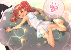 Rule 34 | 1girl, barefoot, blush, brown hair, closed eyes, commission, dress, fang, heart, highres, izumikuma, kantai collection, libeccio (kancolle), long hair, open mouth, pixiv commission, sleeveless, sleeveless dress, smile, soles, solo, spoken heart, toes, twintails, twitter username, white dress