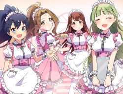 Rule 34 | 4girls, antenna hair, apron, black hair, blue eyes, blush, bow, bowtie, breasts, brown eyes, brown hair, cake, cake slice, closed eyes, commentary, dot nose, dress, fang, food, frilled apron, frilled sleeves, frills, ganaha hibiki, green eyes, green hair, hair between eyes, hand up, holding, holding tray, idolmaster, idolmaster million live!, idolmaster million live! theater days, koma tori, long hair, looking at viewer, maid, maid headdress, medium breasts, multiple girls, nikaidou chizuru, official alternate costume, open mouth, parted bangs, pink background, pink bow, pink bowtie, pink dress, ponytail, puffy sleeves, shimabara elena, shirt, sidelocks, skirt hold, smile, symbol-only commentary, tanaka kotoha, thighhighs, tray, waist apron, wavy hair, white shirt, white thighhighs, wrist cuffs