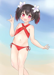 Rule 34 | 1girl, artist name, artist request, bare legs, bare shoulders, beach, bikini, bikini skirt, black hair, blue sky, blush, bow, breasts, cleavage, cloud, collarbone, criss-cross halter, day, female focus, flat chest, flower, hair between eyes, hair bow, hair flower, hair ornament, halterneck, highres, long hair, looking at viewer, love live!, love live! school idol festival, love live! school idol project, m/, outdoors, parted lips, red bikini, red eyes, shangri-la shower, short hair, short twintails, side-tie bikini bottom, sky, small breasts, smile, solo, swimsuit, twintails, walking, white flower, yazawa nico