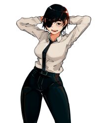 Rule 34 | 1girl, arms behind head, artist name, black eyes, black hair, black necktie, black pants, blupixl, breasts, chainsaw man, contrapposto, cowboy, eyepatch, highres, himeno (chainsaw man), large breasts, necktie, open mouth, pants, short hair, signature, smile, solo, western