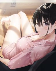 Rule 34 | 1boy, 1girl, bare legs, barefoot, black hair, blush, breast pocket, breasts, cellphone, cleavage, collared shirt, commentary, controller, day, eyelashes, fingernails, floor, from behind, hair between eyes, highres, hug, hug from behind, indoors, knees up, light particles, light smile, long fingernails, long hair, looking at viewer, mole, mole on neck, mugika, on ground, original, out of frame, pajamas, pants, parquet floor, parted lips, phone, piercing hole, pink pajamas, pocket, polka dot, polka dot pajamas, print pajamas, purple eyes, remote control, shirt, short shorts, short sleeves, shorts, sidelocks, sitting, smartphone, solo focus, swept bangs, table, thigh gap, wooden table