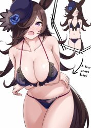 Rule 34 | 1girl, alternate breast size, animal ears, black hair, blush, breasts, collarbone, commentary request, flower, hair flower, hair ornament, hair over one eye, hat, herohero (higashi no dou), highres, horse ears, horse tail, large breasts, long hair, looking at viewer, navel, open mouth, rice shower (umamusume), small breasts, solo, split mouth, swimsuit, tail, umamusume, white background