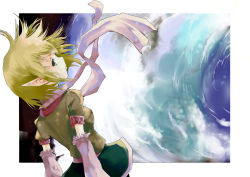 Rule 34 | 1girl, arm warmers, bad id, bad pixiv id, blonde hair, cloud, female focus, from behind, green eyes, looking back, mizuhashi parsee, pointy ears, scarf, short hair, sky, solo, standing, touhou, yae (mono110)