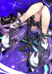 Rule 34 | 10s, 1girl, armor, armored boots, ass, belt, bent over, blue eyes, blue ribbon, boots, crotch plate, fate/extra, fate/extra ccc, fate (series), greaves, hair ribbon, hyocorou, long hair, long sleeves, looking at viewer, meltryllis (fate), navel, parted lips, purple hair, revealing clothes, ribbon, smile, solo, stomach, thighs, very long hair