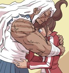 Rule 34 | 2girls, asahina aoi, bandages, blue eyes, blue skirt, blush, brown hair, closed eyes, commentary request, danganronpa: trigger happy havoc, danganronpa (series), dark-skinned female, dark skin, from side, hair up, height difference, hug, jacket, long hair, multiple girls, muscular, muscular female, namu (nurui cha), ogami sakura, pleated skirt, ponytail, red jacket, scar, scar across eye, scar on arm, scar on face, shirt, skirt, tearing up, torn clothes, torn shirt, track jacket, track suit, v-shaped eyebrows, white hair, white shirt