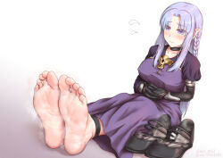 Rule 34 | 1girl, aiou akahiko, barefoot, black footwear, blush, breasts, covered erect nipples, fate/stay night, fate (series), feet, flying sweatdrops, foot focus, gloves, highres, large breasts, purple eyes, light purple hair, long hair, medea (fate), pointy ears, purple robe, robe, shoes, unworn shoes, simple background, sitting, soles, solo, steam, toes, white background