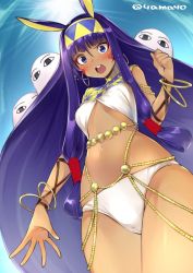 Rule 34 | 1girl, animal ears, bare shoulders, behind another, belly chain, bikini, blue eyes, blunt bangs, blush, bracelet, breasts, chain, commentary request, dark-skinned female, dark skin, day, detached collar, earrings, egyptian, egyptian clothes, facepaint, fate/grand order, fate (series), hair between eyes, hair tubes, hairband, hip focus, hoop earrings, jewelry, long hair, looking at viewer, medjed (fate), navel, nitocris (fate), open mouth, purple hair, rabbit ears, sidelocks, sky, small breasts, sunlight, super zombie, swimsuit, thighs, twitter username, very long hair, white bikini