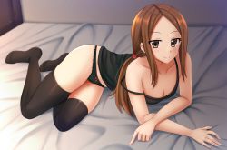 Rule 34 | 1girl, aged up, bad anatomy, bare arms, bare shoulders, bed sheet, black camisole, black panties, black thighhighs, blurry, blurry background, blush, bow, bow panties, breasts, brown eyes, brown hair, camisole, cleavage, closed mouth, collarbone, commentary, depth of field, english commentary, forehead, full body, highres, indoors, karakai jouzu no takagi-san, kazenokaze, long hair, low ponytail, no shoes, panties, parted bangs, ponytail, revision, sidelocks, small breasts, smile, solo, strap slip, takagi-san, thighhighs, underwear, underwear only