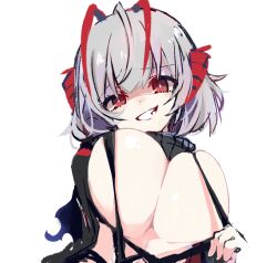 Rule 34 | 1girl, ahoge, antennae, arknights, black shirt, breasts, bright pupils, cleavage, demon girl, demon horns, grey hair, grin, horns, large breasts, looking at viewer, red eyes, shirt, short hair, simple background, smile, solo, strap pull, sukima (crie), teeth, torn clothes, torn shirt, upper body, w (arknights), white background, white pupils