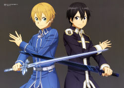 Rule 34 | 2boys, absurdres, artist request, blonde hair, crossed swords, eugeo, highres, holding, holding weapon, kirito, looking at viewer, multiple boys, sword, sword art online, sword art online: alicization, weapon