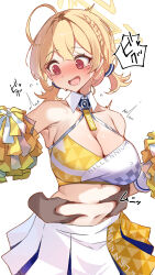 Rule 34 | 1boy, 1girl, absurdres, ahoge, armpits, belly grab, blonde hair, blue archive, blush, breasts, cheerleader, cleavage, collarbone, deep skin, disembodied limb, halo, hetero, highres, holding, holding pom poms, kotori (blue archive), kotori (cheer squad) (blue archive), large breasts, looking at another, navel, nose blush, pleated skirt, pom pom (cheerleading), pom poms, red eyes, shiro marimo, short twintails, simple background, skirt, sports bra, surprised, tears, twintails, two-tone sports bra, white background