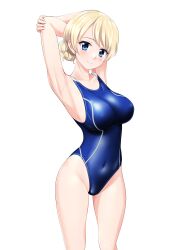 Rule 34 | 1girl, absurdres, arms behind head, blonde hair, blue eyes, blue one-piece swimsuit, braid, breasts, commentary request, competition swimsuit, covered navel, cowboy shot, darjeeling (girls und panzer), girls und panzer, highres, medium breasts, one-piece swimsuit, short hair, simple background, solo, swimsuit, takafumi, twin braids, white background