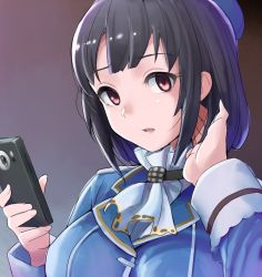 Rule 34 | 1girl, ascot, beret, black background, black hair, blue hat, blush, breasts, cellphone, gradient background, hair between eyes, hat, highres, holding, holding phone, indoors, kantai collection, large breasts, military, military uniform, mizoki kei, open mouth, phone, red eyes, short hair, smartphone, smile, solo, takao (kancolle), uniform, upper body