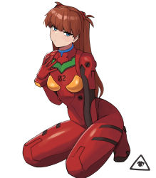 Rule 34 | 1girl, arm between legs, artist logo, blue eyes, bodysuit, breasts, brown hair, closed mouth, commentary, curvy, donburi (donburikazoku), full body, hair ornament, hand up, kneeling, long hair, looking at viewer, neon genesis evangelion, plugsuit, pout, red bodysuit, simple background, small breasts, solo, souryuu asuka langley, swept bangs, tsurime, very long hair, white background, wide hips