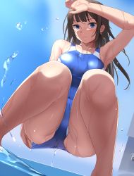 Rule 34 | 1girl, adjusting clothes, adjusting swimsuit, arm up, armpits, ass, blue eyes, blue one-piece swimsuit, blush, breasts, brown hair, closed mouth, collarbone, commentary request, competition swimsuit, eto, expressionless, from below, highres, long hair, looking at viewer, medium breasts, one-piece swimsuit, original, revision, solo, squatting, straight hair, swimsuit, water, water drop, wet, wet clothes, wet swimsuit