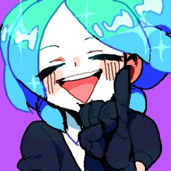 Rule 34 | 10s, 1other, androgynous, aqua hair, blush, center opening, closed eyes, green hair, houseki no kuni, index finger raised, juliet sleeves, long sleeves, lowres, open mouth, other focus, phosphophyllite, puffy sleeves, simple background, smile, solo, teeth