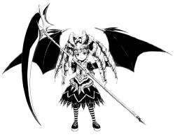 Rule 34 | bat wings, demon girl, drill hair, fukukitaru, greyscale, horns, long hair, monochrome, original, scythe, solo, striped, twintails, wings