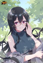 Rule 34 | 1girl, absurdres, adjusting eyewear, black hair, breasts, commentary, copyright name, english commentary, highres, kusumoto shizuru, large breasts, logo, long hair, looking at viewer, mahjong soul, official art, official wallpaper, onodera nanaha, outdoors, purple eyes, smile, solo, sweater