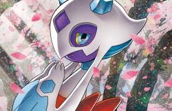 Rule 34 | blue eyes, colored sclera, creatures (company), froslass, game freak, gen 4 pokemon, looking at viewer, nagasawa shin, nintendo, no humans, official art, petals, pokemon, pokemon (creature), pokemon tcg, third-party source, upper body, wind, yellow sclera