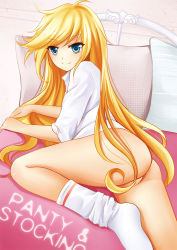 Rule 34 | 10s, 1girl, ass, bad id, bed, blonde hair, blue eyes, bottomless, censored, convenient censoring, hair censor, legs, long hair, nikoo, no panties, panty &amp; stocking with garterbelt, panty (psg), pillow, smile, socks, solo, very long hair