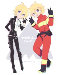 Rule 34 | ahoge, alpha omega nova, ascot, belt, black gloves, black jacket, blonde hair, blue eyes, boots, bright pupils, buckle, cosplay, costume switch, dated, double v, dual persona, firefighter, firefighter jacket, gloves, highres, jacket, lio fotia, lio fotia (cosplay), mt.somo, multicolored hair, pouch, promare, spoilers, standing, standing on one leg, streaked hair, trigger (company), uchuu patrol luluco, v