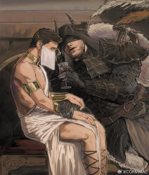 Rule 34 | 2boys, adios, armlet, armor, bara, black armor, black blindfold, blindfold, copyright request, couch, cup, demon horns, drinking glass, feeding, feet out of frame, gauntlets, hand on another&#039;s arm, highres, horns, looking ahead, male focus, mature male, mouth veil, multiple boys, on couch, pauldrons, pelvic curtain, short hair, shoulder armor, sitting, thick eyebrows, veil, wine glass, yaoi