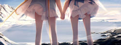 Rule 34 | 2girls, bare legs, blue dress, blue sky, child, child on child, cirno, commentary request, daiyousei, day, dress, fairy wings, from behind, frozen lake, hand grab, head out of frame, holding hands, interlocked fingers, kyuri tizu, lake, layered dress, lower body, multiple girls, outdoors, short dress, sky, standing, touhou, transparent wings, wings, winter