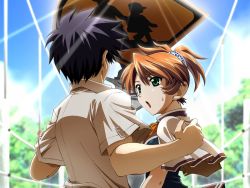 Rule 34 | 1girl, edelweiss, game cg, green eyes, kamoike ran, katakura shinji, short hair, tree