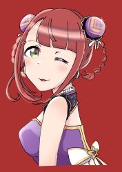 Rule 34 | 1girl, smile, :p, alternate hairstyle, artist name, artist request, back bow, bare shoulders, blush, bow, breasts, china dress, chinese clothes, cleavage, double bun, dress, earrings, female focus, green eyes, hair bun, hair ornament, hairclip, highres, jewelry, looking at viewer, love live!, love live! nijigasaki high school idol club, love live! school idol festival, love live! school idol festival all stars, medium breasts, mochikinchaku, odenno gu desu, orange hair, parted lips, purple dress, purple wrist cuffs, red background, red hair, short hair, side bun, sideboob, smile, solo, tongue, tongue out, uehara ayumu, upper body, white bow, wrist cuffs, yellow eyes