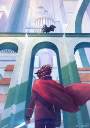Rule 34 | 1boy, architecture, brown hair, building, cape, copyright name, dual wielding, from behind, from below, holding, hood, mask, original, pixiv fantasia, pixiv fantasia t, rackety, sword, weapon
