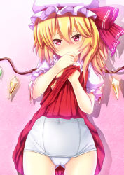 Rule 34 | 1girl, blonde hair, blush, cameltoe, clothes lift, ebi 193, flandre scarlet, hat, looking at viewer, md5 mismatch, navel, one-piece swimsuit, petite, red eyes, school swimsuit, side ponytail, skirt, skirt lift, solo, swimsuit, swimsuit under clothes, tears, touhou, white one-piece swimsuit, white school swimsuit, wings