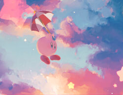Rule 34 | arms up, blue eyes, blue sky, closed mouth, cloud, colored skin, commentary request, copy ability, falling, highres, holding, holding umbrella, kananishi, kirby, kirby (series), light blush, looking ahead, nintendo, no humans, outdoors, parasol, parasol kirby, pink skin, red footwear, red umbrella, shoes, sky, smile, solo, star (symbol), sunset, two-tone umbrella, umbrella, white umbrella