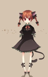 Rule 34 | 1girl, animal ears, bow, bowtie, braid, cat ears, cat girl, cat tail, dress, fang, female focus, full body, hair ribbon, kaenbyou rin, multiple tails, red eyes, red hair, ribbon, simple background, solo, tail, touhou, twin braids, twintails, yuhiko