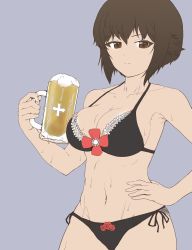 Rule 34 | 1girl, alcohol, armpits, beer, beer mug, bikini, black bikini, breasts, brown eyes, brown hair, cleavage, closed mouth, commentary request, cowboy shot, cup, flat color, frilled bikini, frills, froth, frown, girls und panzer, grey background, half-closed eyes, halterneck, hand on own hip, highres, holding, holding cup, insignia, looking at viewer, medium breasts, mug, navel, nishizumi maho, parted bangs, partial commentary, short hair, side-tie bikini bottom, simple background, solo, standing, string bikini, sweat, swimsuit, wide hips, yoyokkun