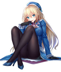 Rule 34 | 10s, 1girl, atago (kancolle), back-seamed legwear, black gloves, black pantyhose, blonde hair, blush, breasts, female focus, full body, gloves, green eyes, hat, high heels, kantai collection, large breasts, legs, long hair, looking at viewer, military, military uniform, pantyhose, pen (steelleets), seamed legwear, simple background, sitting, smile, solo, tongue, tongue out, uniform, white background
