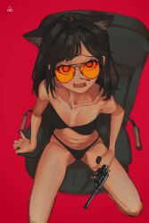 Rule 34 | 1girl, absurdres, animal ears, black bra, black hair, black panties, blood, bra, cat ears, chair, from above, glasses, gun, handgun, highres, holding, holding gun, holding weapon, long hair, looking at viewer, looking up, nagant m1895, navel, nosebleed, office chair, on chair, open mouth, orange-tinted eyewear, original, panties, polilla, red background, revolver, simple background, sitting, solo, sunglasses, sweat, swivel chair, tinted eyewear, underwear, underwear only, weapon, wide-eyed