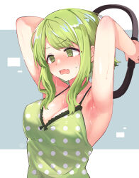 Rule 34 | 1girl, @ @, absurdres, armpits, arms behind head, arms up, bare arms, blush, breasts, camisole, cleavage, exercising, festa11307070, green camisole, green eyes, green hair, highres, medium breasts, medium hair, morinaka kazaki, nijisanji, open mouth, ring-con, ring fit adventure, simple background, solo, sweat, upper body, virtual youtuber
