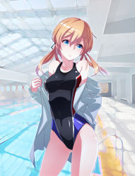 Rule 34 | 10s, 1girl, blonde hair, blue eyes, competition swimsuit, cross, gluteal fold, highres, iron cross, jacket, kantai collection, kurihara kenshirou, one-piece swimsuit, pool, pool ladder, prinz eugen (kancolle), rei no pool, skylight, smile, solo, swimsuit, thighs, twintails, undressing
