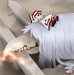Rule 34 | 1girl, arano oki, bone, bow, breath weapon, breathing fire, broken, crossover, fire, fujiwara no mokou, graphite (medium), hair bow, hair over eyes, lying, mechanical pencil, monster, parody, parted bangs, pencil, plank, scp-682, scp foundation, silver hair, skull, solo, teeth, touhou, traditional media, trait connection, white bow