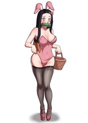 Rule 34 | 1girl, absurdres, animal ears, bare shoulders, basket, bit gag, black hair, blush, breasts, cleavage, collarbone, covered navel, easter, fake (lord socar), fake animal ears, gag, gagged, gagged (willingly), hair ribbon, high heels, highres, kamado nezuko, kimetsu no yaiba, large breasts, leotard, long hair, looking at viewer, pink eyes, pink ribbon, playboy bunny, rabbit ears, ribbon, solo, thick thighs, thighhighs, thighs, white background