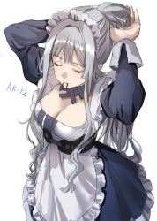 Rule 34 | 1girl, adjusting hair, ak-12 (girls&#039; frontline), alternate costume, apron, arms up, bad id, bad pixiv id, breasts, cleavage, closed eyes, dress, enmaided, frilled dress, frills, girls&#039; frontline, hair tie in mouth, highres, large breasts, lips, long hair, long sleeves, maid, maid headdress, mouth hold, sakaki rin, sidelocks, silver hair, simple background, solo, tying hair, white apron, white background