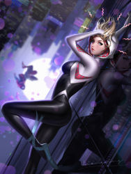 Rule 34 | 1boy, 1girl, against wall, ballet slippers, blonde hair, blue eyes, blurry, blurry background, bodysuit, breasts, building, city, depth of field, expressionless, gwen stacy, highres, hood, hood up, hooded bodysuit, leg ribbon, liang xing, looking at viewer, marvel, mask, mask on head, unworn mask, midair, parted lips, reflection, ribbon, short hair, skin tight, spider-gwen, spider-man: into the spider-verse, spider-man (miles morales), spider-man (series), spider-verse, spider web print, sun, superhero costume, upside-down, window